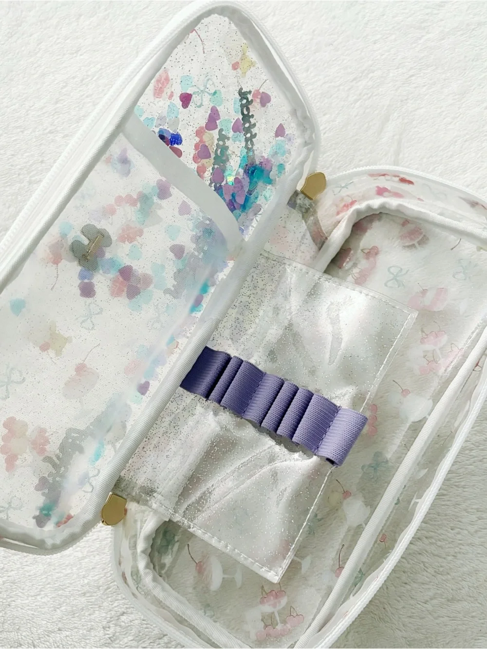Japanese Fafa Monchhichi Clear PVC Heart Sequin Organizer Stationary Pencil Case